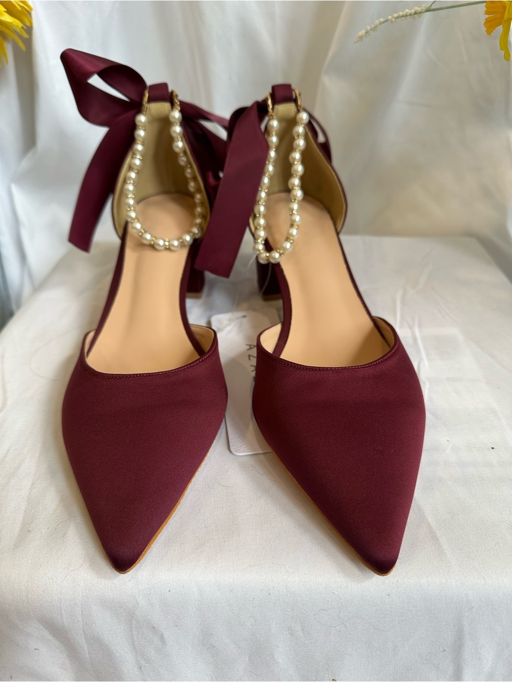 Azazie Pearl-Ankle Tie Pointed Pumps in Burgundy